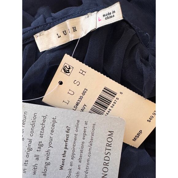 NEW LUSH NORDSTROM Navy Blue Tiered Mesh Mini Dress Size L - Picture 3 of 4